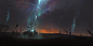 General 3840x1920 David Metzger数字艺术幻想艺术风车外星人绑架星星空间日落极光场