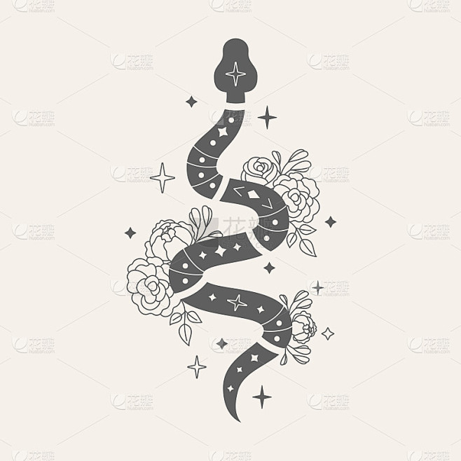 复古矢量插图的蛇和花。