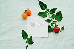 一个正方形的邀请卡的模型，樱桃番茄和他们的叶子装饰在淡绿色的布的背景