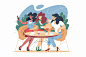 卡通人物花时间在街头咖啡馆矢量图。 女性朋友在智能手机上喝咖啡、吃饭和自拍。 友好的会议理念