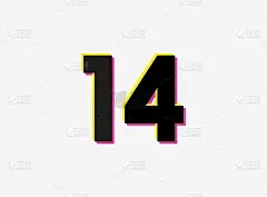 数字14矢量设计标志。动态，分裂颜色，数字的阴影粉红色和黄色的白色背景。社交媒体，设计元素，创意海报