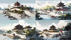 手绘水墨风格城楼
