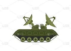 军用卡车。带天线的军用运输机。绿色保护的现代电器。雷达和探测系统。扫描和识别。卡通插图
