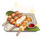 Tri-Flavored Skewer : Tri-Flavored Skewer is a food item that the player can cook. The recipe for Tri-Flavored Skewer is available from Kiminami Anna at Kiminami Restaurant in Inazuma City for 5,000 Mora. Depending on the quality, Tri-Flavored Skewer incr