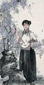 吴向丽国画人物欣赏 -2 依石风吹袖花落香满衣