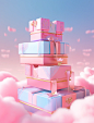 An abstract illustration with a box in the sky, in the style of adorable toy sculptures, rococo pastel hues, unreal engine, hyper-realistic pop, salon kei, high-angle, award-winning