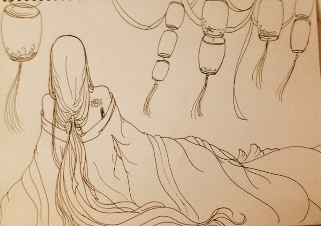 手绘 古风 美人 背影 意境 线稿