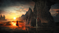 General 2560x1440 digital art boat mountains rock Sun trees clouds waterfall Martina Stipan