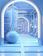 the lab scene with glass and pipe in blue and blue, in the style of rendered in cinema4d, advertising-inspired, machine age aesthetics, drugcore, back button focus, arched doorways, clear edge definition
