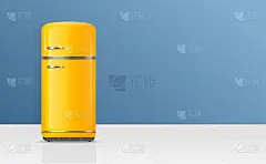 逼真的详细3d复古黄色冰箱卡片海报横幅。向量