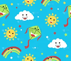 矢量,夏天,天空,卡通,快乐,太阳,风筝,四方连续纹样,云,星形