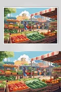 AI数字艺术菜市场生鲜蔬菜市场线条插画