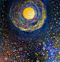 Rainbow Moon, mixed-media, ink, gold leaf, vintage glass glitter, by Tracy Oliver #art
