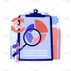 财务分析。带有放大镜的人卡通人物用彩色片断分析圆形图形.评估、审计、研究。矢量孤立概念隐喻说明