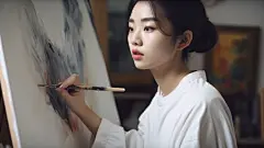 (2/4)一个女孩正在画一幅画，握着一支画笔，采用工笔风格，具有电影般的优雅，我简直无法相信这是多么美丽，32K超高清，韩流，永恒的艺术风格，面部表情生动(AI绘图来自WeDraw.art)