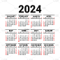 2024年日历。英文矢量方墙或口袋压延机设计模板。新年。一周从周日开始。黑色，红色和白色