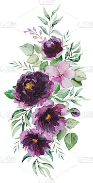 水彩紫花和绿叶花束插图