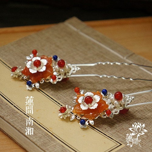 『蓮間。南湘』|仿明代。掩鬓。瑪瑙。青金...