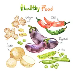 美食素材水果蔬菜柠檬桃子香蕉茄子木瓜插画海报
