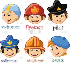 动漫人物游泳者、 消防员、 飞行员、 工程师、 警察、 艺术家