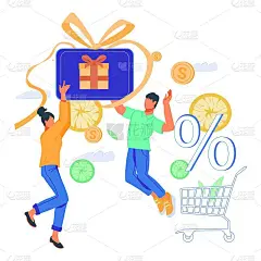 愉悦的买家或购物者与礼品卡或购物券。