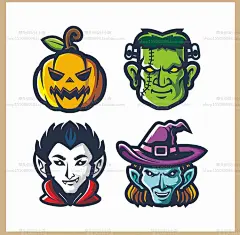 卡通复活节女巫南瓜灯扫帚黑猫万圣节元素矢量图插画P188设计素材-淘宝网