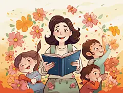 卡通手绘教师节插画学生围绕着老师嬉笑插画海报鲜花感谢师恩教育温馨
