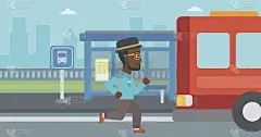 迟到的人跑着赶公共汽车