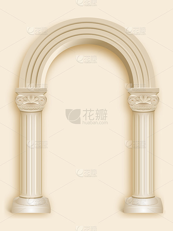 仿古罗马石柱、大理石拱门的皇家建筑。带拱门的矢量背景。