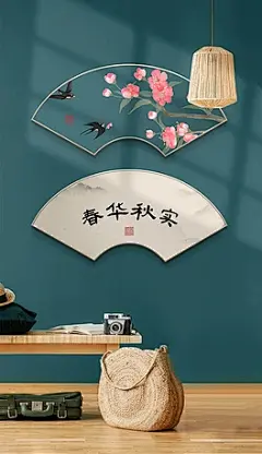 新中式手绘花鸟牡丹书法扇形民俗二联组合画