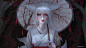 General 1920x1080 Fanfoxy drawing fox girl glowing eyes umbrella silver hair face paint fox ears women leaves red lipstick pink eyes long nails frontal view