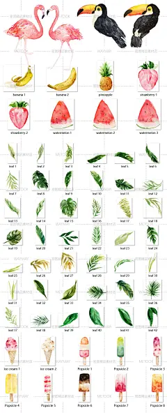 热带植物动物水果冰淇淋手绘四方连续平铺组合套件矢量AI设计素材-淘宝网