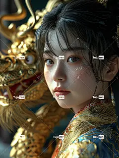 极致特写，金烫龙前站着一位中国美女海报