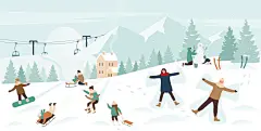 点击来源直接获取大图文件 |People enjoy winter sports on Christmas holidays in snow mountain landscape vector illustration. Cartoon family or friend characters snowboarding sledding downhill, making snowman xmas background