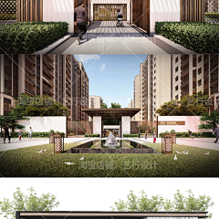 S18现代新中式住宅景观门楼铁艺格栅大门小区居住区主入口SU模型-淘宝网