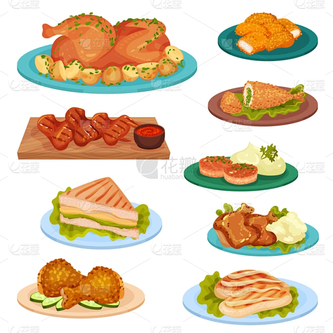 精神振作,盘子,炸鸡,白肉,格子烤肉,炸肉排,牛排,蔬菜,脆,收集素材-花瓣网