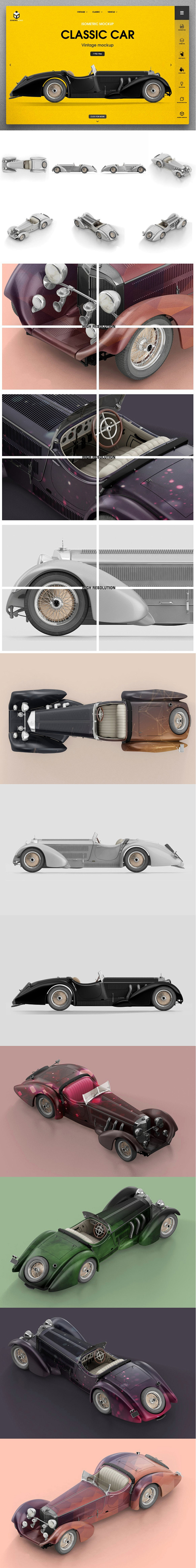 多角度3D效果的经典的老爷车车贴设计展示...