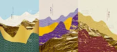 矢量插图景观。枯燥乏味的风格。金箔纹理。日本的波型。山的背景。亚洲风格。设计海报，书封面，网页模板，