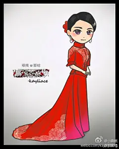 郑爽 偏偏喜欢你 萧晗  红裙 民国 手绘 插画 插图 漫画 Q版 #影视#