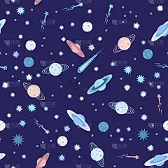 不明飞行物、空间、小行星。卫星，行星和流星无缝模式，矢量插图。婴儿，儿童，儿童的面料和纺织品。无尽的