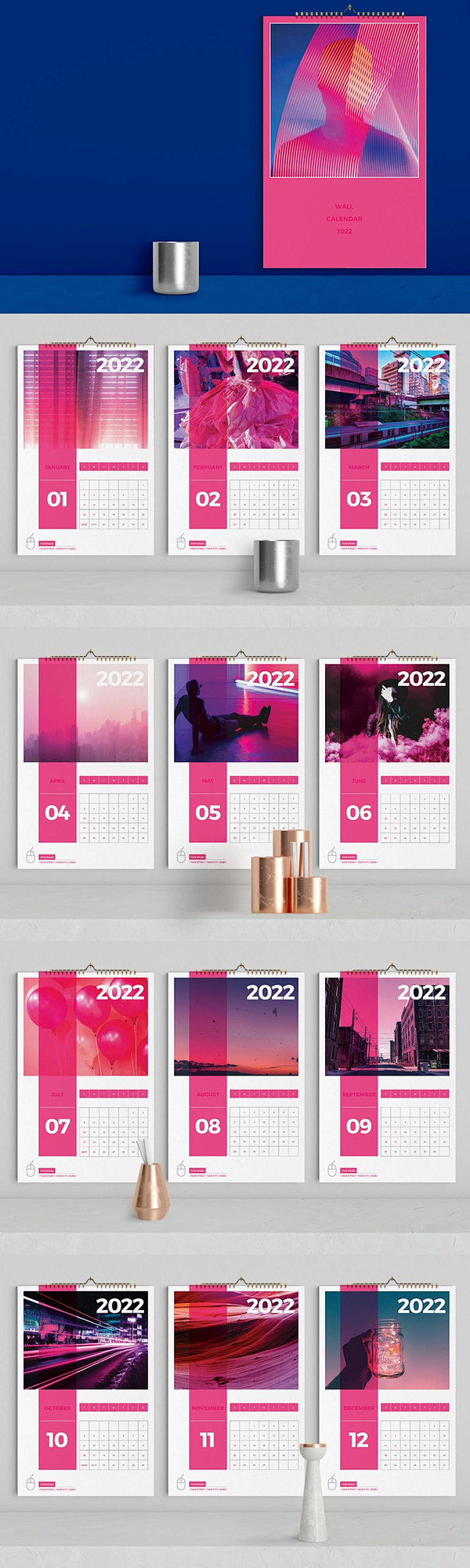 高品质的2022年粉色配色台历挂历日历设...