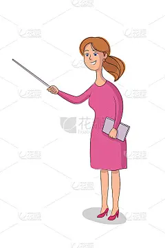 学校课卡通矢量彩色插图。女老师拿着教鞭站在那里。导师，教育家平平的品格。小学教育。