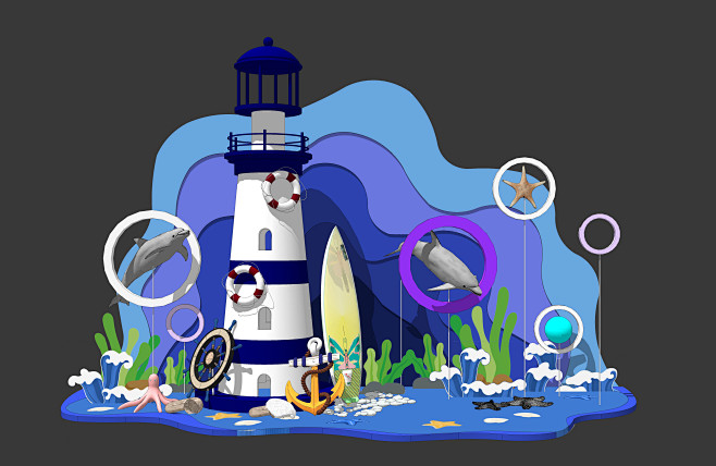 灯塔 海豚 海洋生物 组合堆头DP小景