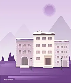 冬季雪景山丘湖泊树林夜晚月亮落日晚霞插画
