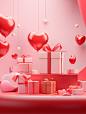 3d happy valentines day card with gifts collection, in the style of minimalist backgrounds, candid atmosphere, tabletop photography, detailed, layered compositions, vibrant stage backdrops, red and pink, daz3d
