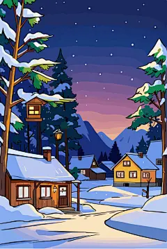 卡通矢量森林夜晚小木屋