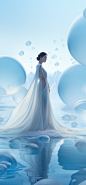 an elegant woman in a wedding dress standing in a blue bubble floating in the water, in the style of rendered in cinema4d, northern china's terrain, 32k uhd, i can't believe how beautiful this is, soft, romantic scenes, coastal scenery, futuristic design 