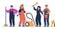 Vecteur gratuit Équipe de travailleurs professionnels en uniforme debout ensemble. personnes tenant un aspirateur, un balai et un seau pour le nettoyage de l'illustration vectorielle à plat du bureau ou de la maison. personnel du concept de service de net