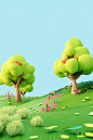 3d rendered scene of trees and flowers with sky behind, in the style of minimalist cartooning, toyism, made of plastic, minimalistic landscapes, green, carpetpunk, cardboard