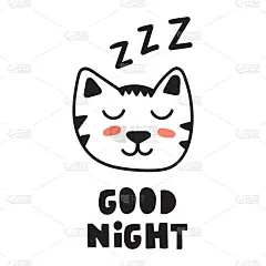 晚安，各位。睡觉的猫。手绘图标。